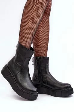 Online Zazoo Damskie Skórzane Botki Na Platformie Czarne Lemar Jenefer