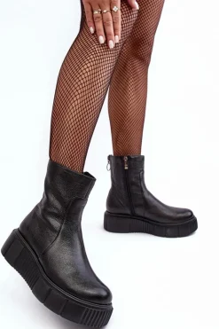 Online Zazoo Damskie Skórzane Botki Na Platformie Czarne Lemar Jenefer