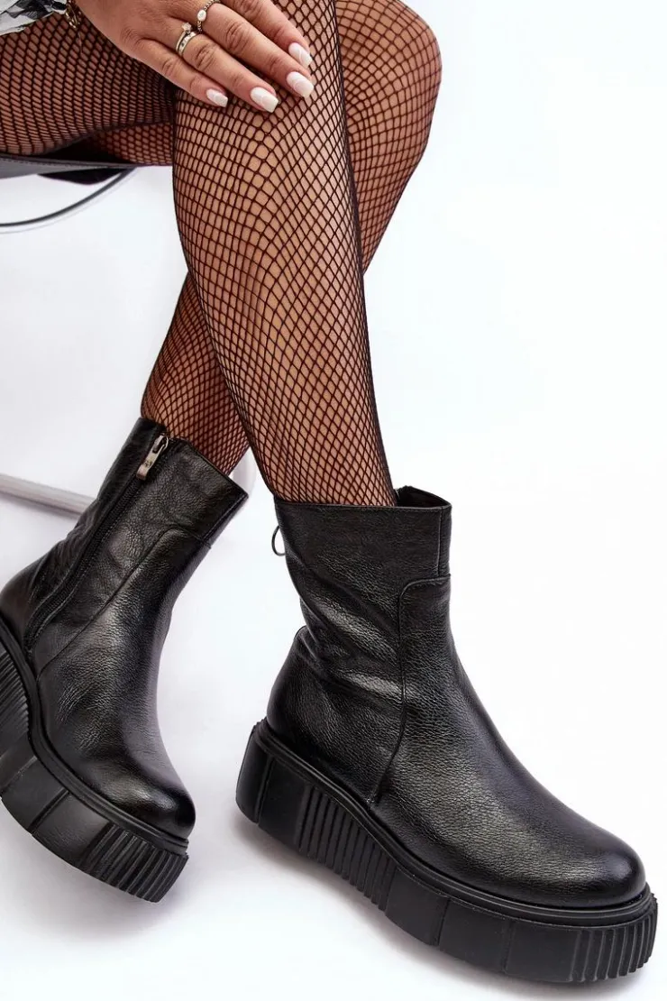 Online Zazoo Damskie Skórzane Botki Na Platformie Czarne Lemar Jenefer