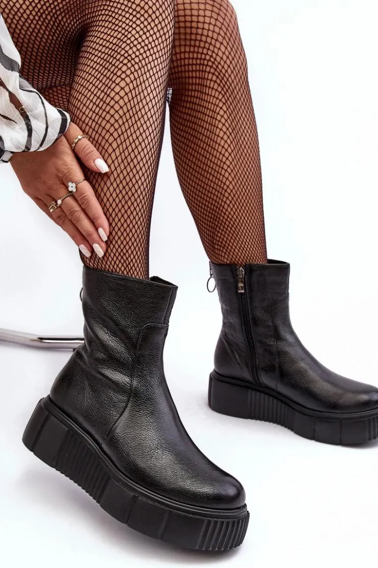 Online Zazoo Damskie Skórzane Botki Na Platformie Czarne Lemar Jenefer