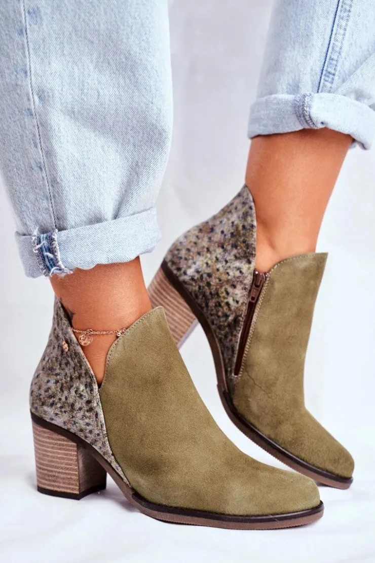 Maciejka Botki Wiosenne|Botki Maciejka*Damskie Skórzane Botki Na Słupku Oliwkowe 04492-24