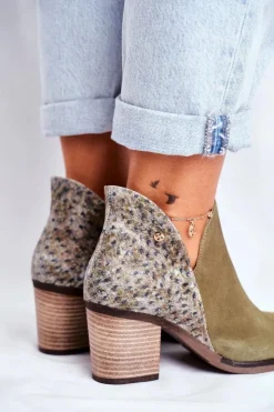 Maciejka Botki Wiosenne|Botki Maciejka*Damskie Skórzane Botki Na Słupku Oliwkowe 04492-24