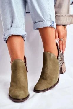 Maciejka Botki Wiosenne|Botki Maciejka*Damskie Skórzane Botki Na Słupku Oliwkowe 04492-24