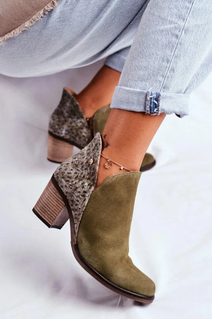 Maciejka Botki Wiosenne|Botki Maciejka*Damskie Skórzane Botki Na Słupku Oliwkowe 04492-24