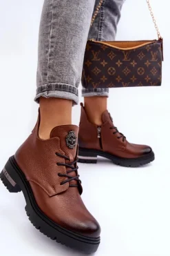 Online Boto Damskie Skórzane Botki Na Płaskim Obcasie Brązowe Lemar Charline