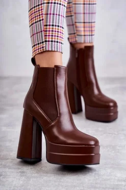 Damskie Boto Damskie Skórzane Botki Na Masywnym Obcasie Brązowe Jones