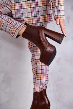 Damskie Boto Damskie Skórzane Botki Na Masywnym Obcasie Brązowe Jones