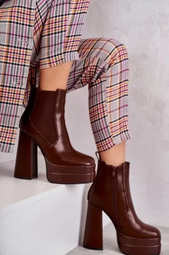 Damskie Boto Damskie Skórzane Botki Na Masywnym Obcasie Brązowe Jones