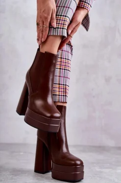 Damskie Boto Damskie Skórzane Botki Na Masywnym Obcasie Brązowe Jones