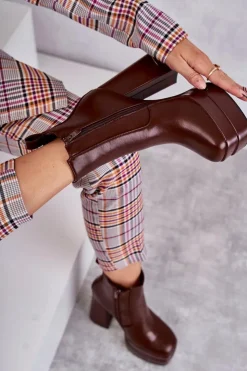 Damskie Boto Damskie Skórzane Botki Na Masywnym Obcasie Brązowe Jones