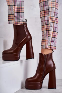 Damskie Boto Damskie Skórzane Botki Na Masywnym Obcasie Brązowe Jones