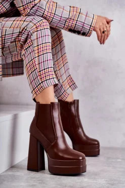 Damskie Boto Damskie Skórzane Botki Na Masywnym Obcasie Brązowe Jones