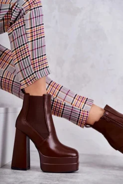 Damskie Boto Damskie Skórzane Botki Na Masywnym Obcasie Brązowe Jones