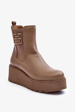 Damskie Boto Damskie Skórzane Botki Na Masywnej Platformie Ciemnobeżowe Lemar Savira