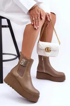 Damskie Boto Damskie Skórzane Botki Na Masywnej Platformie Ciemnobeżowe Lemar Savira