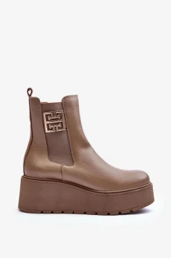 Damskie Boto Damskie Skórzane Botki Na Masywnej Platformie Ciemnobeżowe Lemar Savira