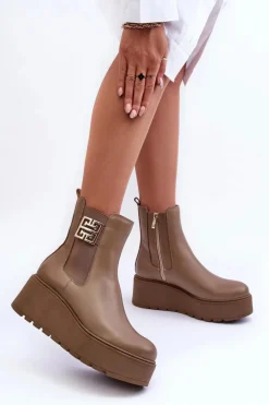 Damskie Boto Damskie Skórzane Botki Na Masywnej Platformie Ciemnobeżowe Lemar Savira
