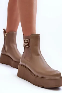 Damskie Boto Damskie Skórzane Botki Na Masywnej Platformie Ciemnobeżowe Lemar Savira