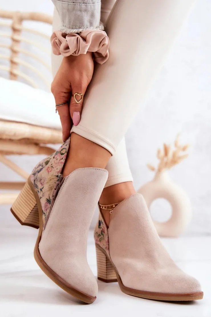 Damskie Maciejka Damskie Skórzane Botki Na Słupku Jasnobeżowe 04492