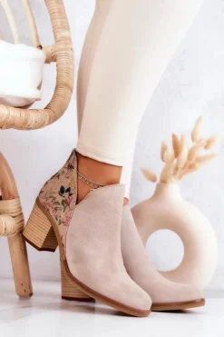 Damskie Maciejka Damskie Skórzane Botki Na Słupku Jasnobeżowe 04492