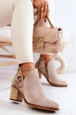 Damskie Maciejka Damskie Skórzane Botki Na Słupku Jasnobeżowe 04492