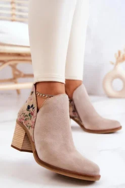 Damskie Maciejka Damskie Skórzane Botki Na Słupku Jasnobeżowe 04492