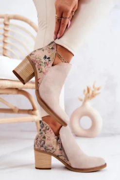 Damskie Maciejka Damskie Skórzane Botki Na Słupku Jasnobeżowe 04492