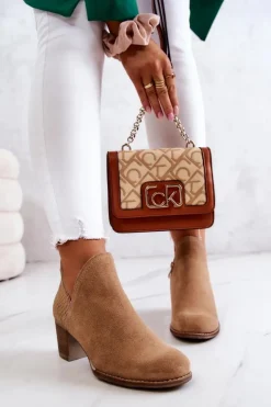 Damskie Boto Damskie Skórzane Botki Na Słupku Camel Larsa