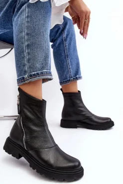 Damskie Laura Messi Damskie Skórzane Botki Na Płaskim Obcasie 2620/975 Czarne