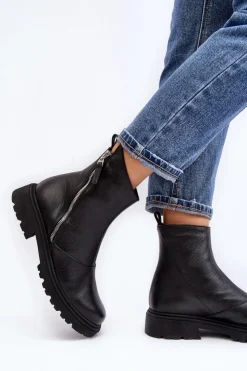 Damskie Laura Messi Damskie Skórzane Botki Na Płaskim Obcasie 2620/975 Czarne