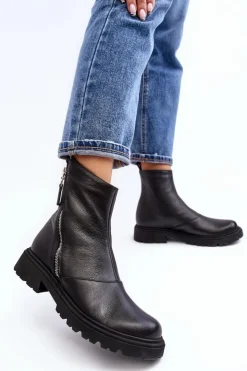 Damskie Laura Messi Damskie Skórzane Botki Na Płaskim Obcasie 2620/975 Czarne