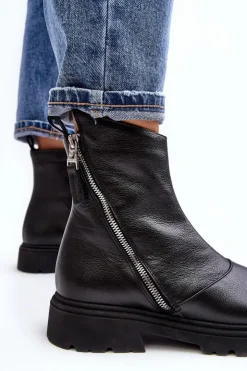 Damskie Laura Messi Damskie Skórzane Botki Na Płaskim Obcasie 2620/975 Czarne