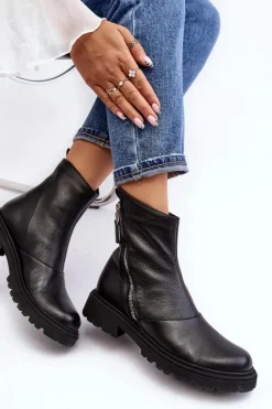 Damskie Laura Messi Damskie Skórzane Botki Na Płaskim Obcasie 2620/975 Czarne
