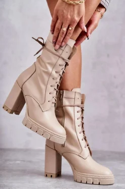 Damskie Boto Damskie Skórzane Botki Na Platformie Beżowe Edna