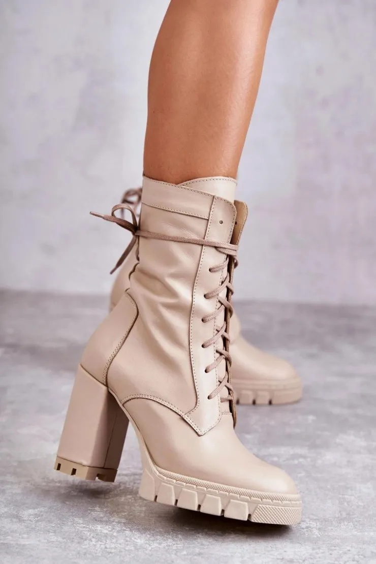 Damskie Boto Damskie Skórzane Botki Na Platformie Beżowe Edna
