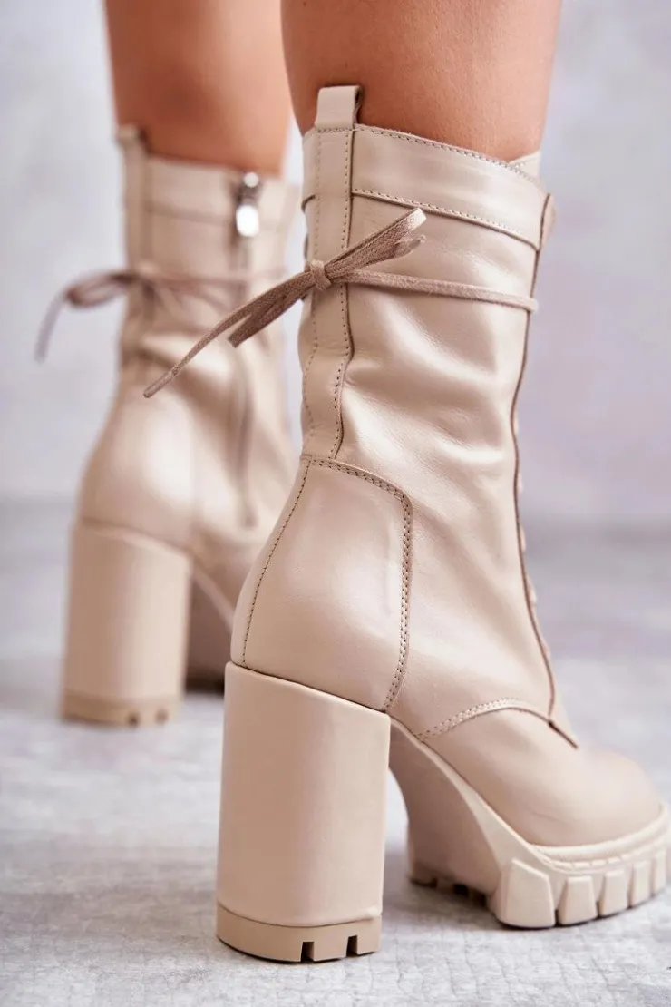 Damskie Boto Damskie Skórzane Botki Na Platformie Beżowe Edna