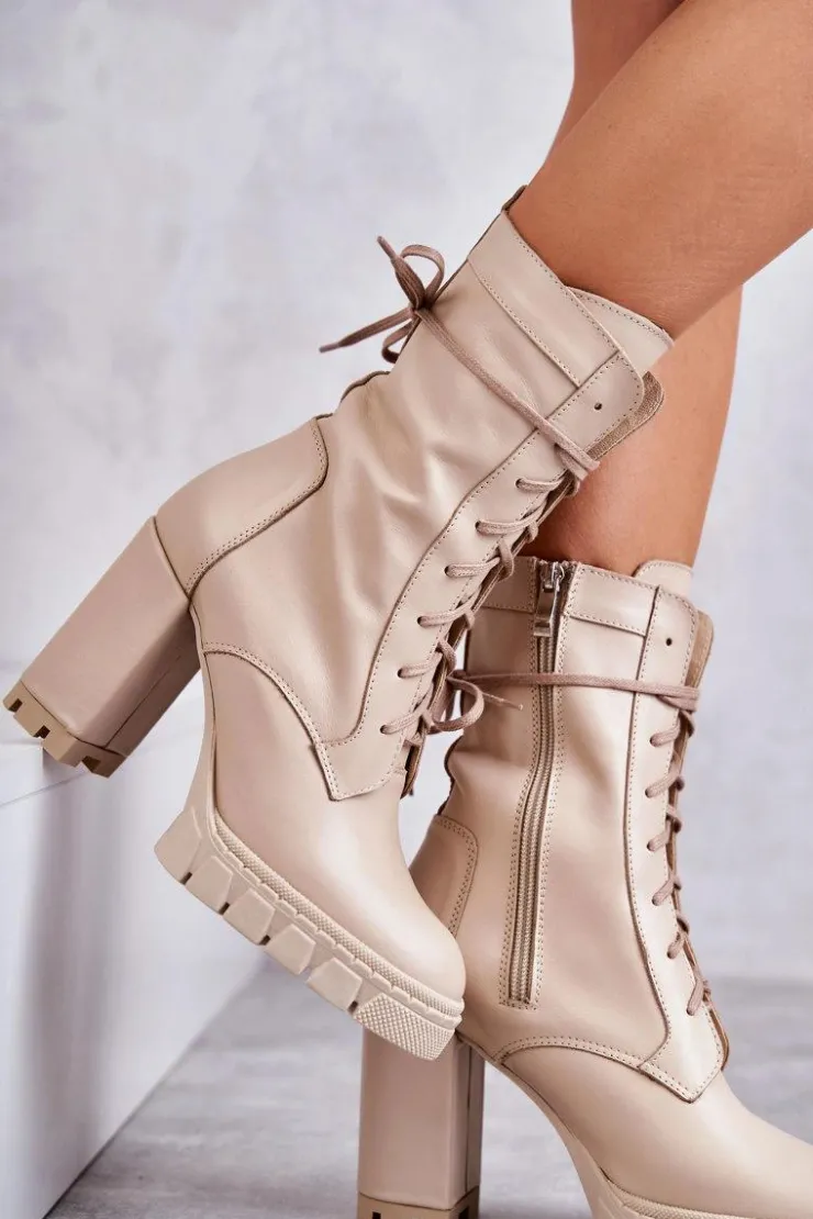 Damskie Boto Damskie Skórzane Botki Na Platformie Beżowe Edna