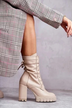 Damskie Boto Damskie Skórzane Botki Na Platformie Beżowe Edna
