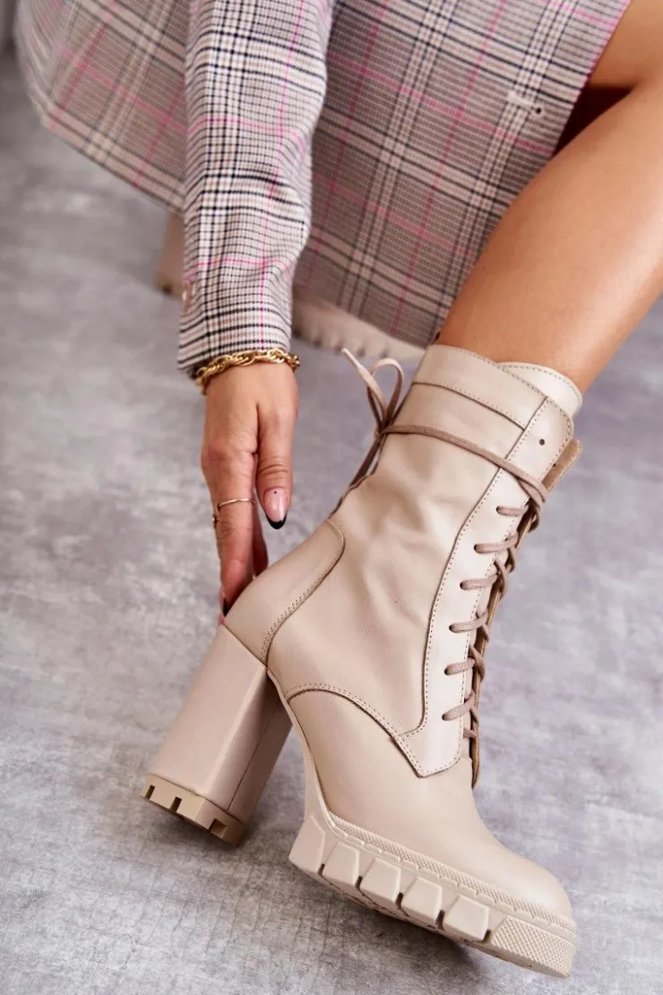 Damskie Boto Damskie Skórzane Botki Na Platformie Beżowe Edna