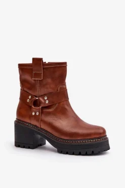 Boto Botki Na Słupku|Botki Na Obcasie*Damskie Skórzane Botki Na Zamek Lewski 3435 Brązowe Brązowy