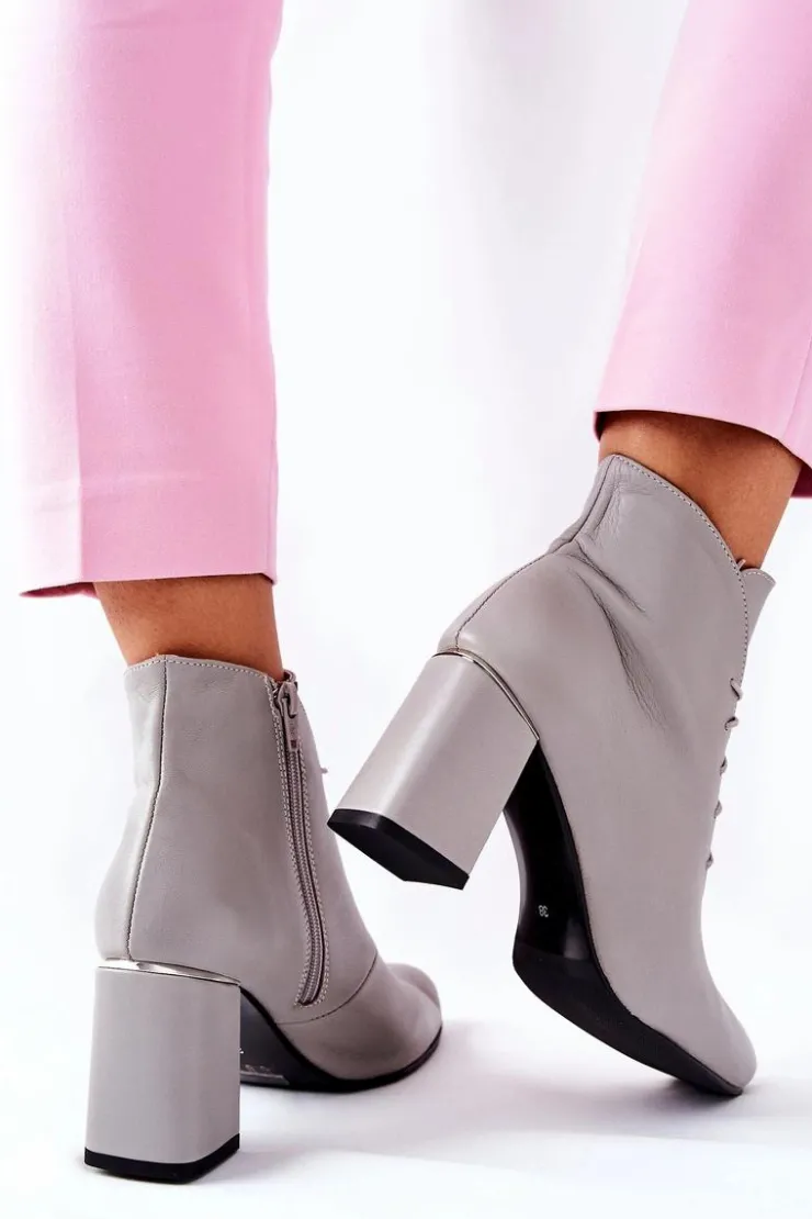 Boto Botki Sznurowane|Botki Na Słupku*Damskie Skórzane Botki Na Słupku Szare Carrice