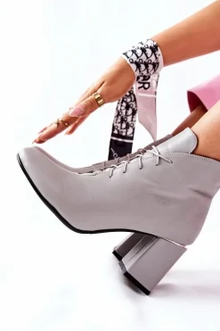 Boto Botki Sznurowane|Botki Na Słupku*Damskie Skórzane Botki Na Słupku Szare Carrice