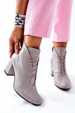 Boto Botki Sznurowane|Botki Na Słupku*Damskie Skórzane Botki Na Słupku Szare Carrice