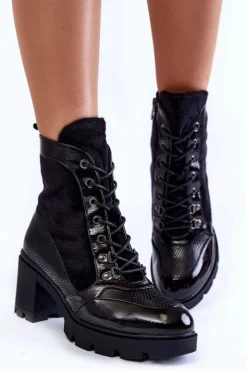Boto Botki Sznurowane|Czarne Botki*Damskie Skórzane Botki Na Obcasie La.Fi 260063B-LA Czarne