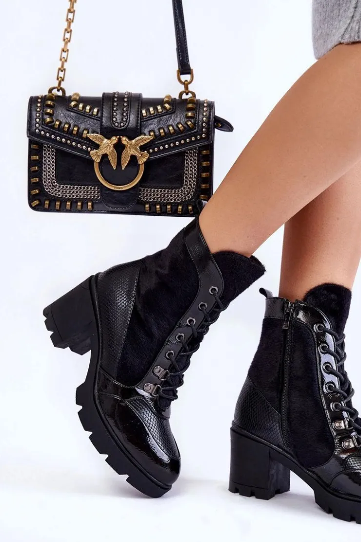 Boto Botki Sznurowane|Czarne Botki*Damskie Skórzane Botki Na Obcasie La.Fi 260063B-LA Czarne