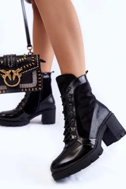 Boto Botki Sznurowane|Czarne Botki*Damskie Skórzane Botki Na Obcasie La.Fi 260063B-LA Czarne