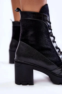 Boto Botki Sznurowane|Czarne Botki*Damskie Skórzane Botki Na Obcasie La.Fi 260063B-LA Czarne