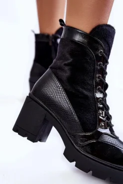 Boto Botki Sznurowane|Czarne Botki*Damskie Skórzane Botki Na Obcasie La.Fi 260063B-LA Czarne