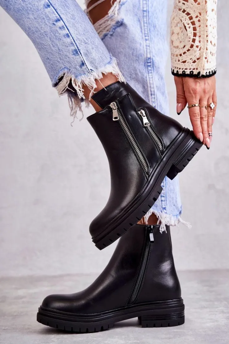 Boto Czarne Botki|Botki Zimowe Damskie*Damskie Skórzane Botki Na Suwak Czarne Navarra