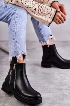 Boto Czarne Botki|Botki Zimowe Damskie*Damskie Skórzane Botki Na Suwak Czarne Navarra